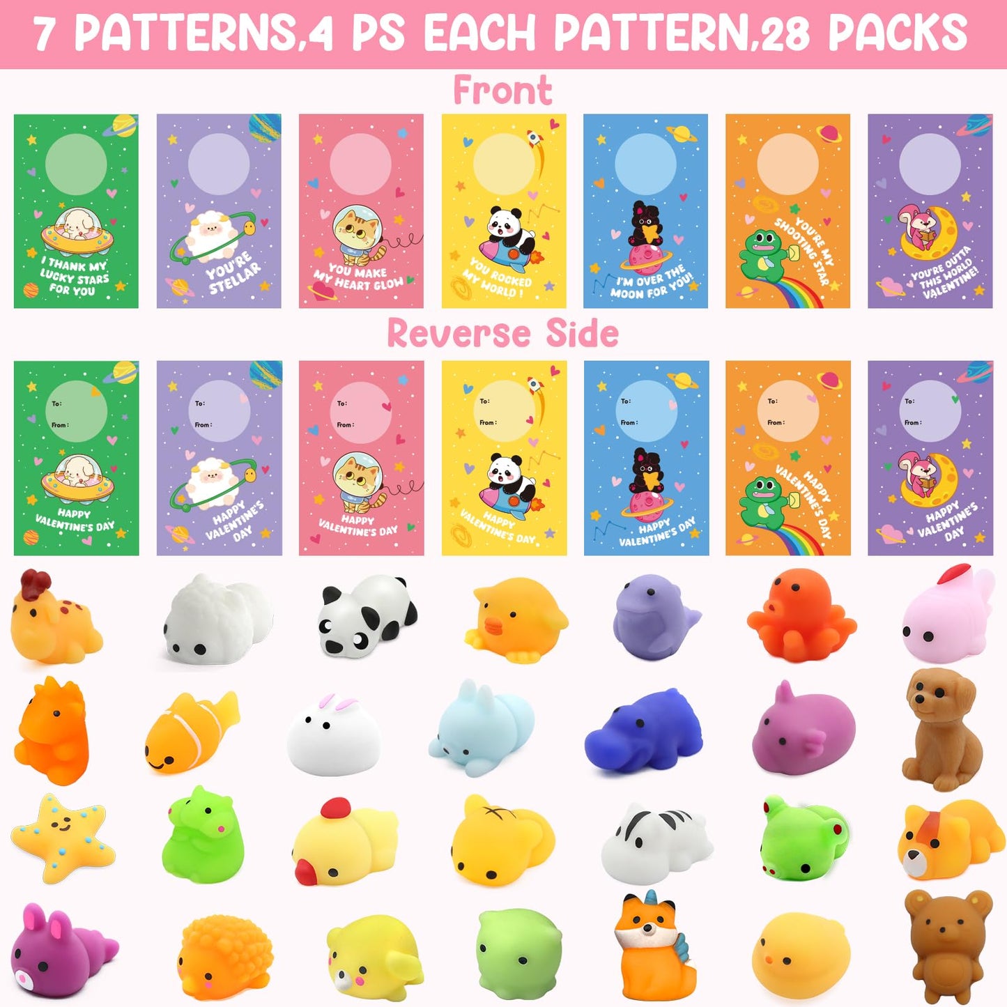 SURCVIO 28-Pack Valentines Day Gifts for Kids | Mochi Squishies & Greeting Cards