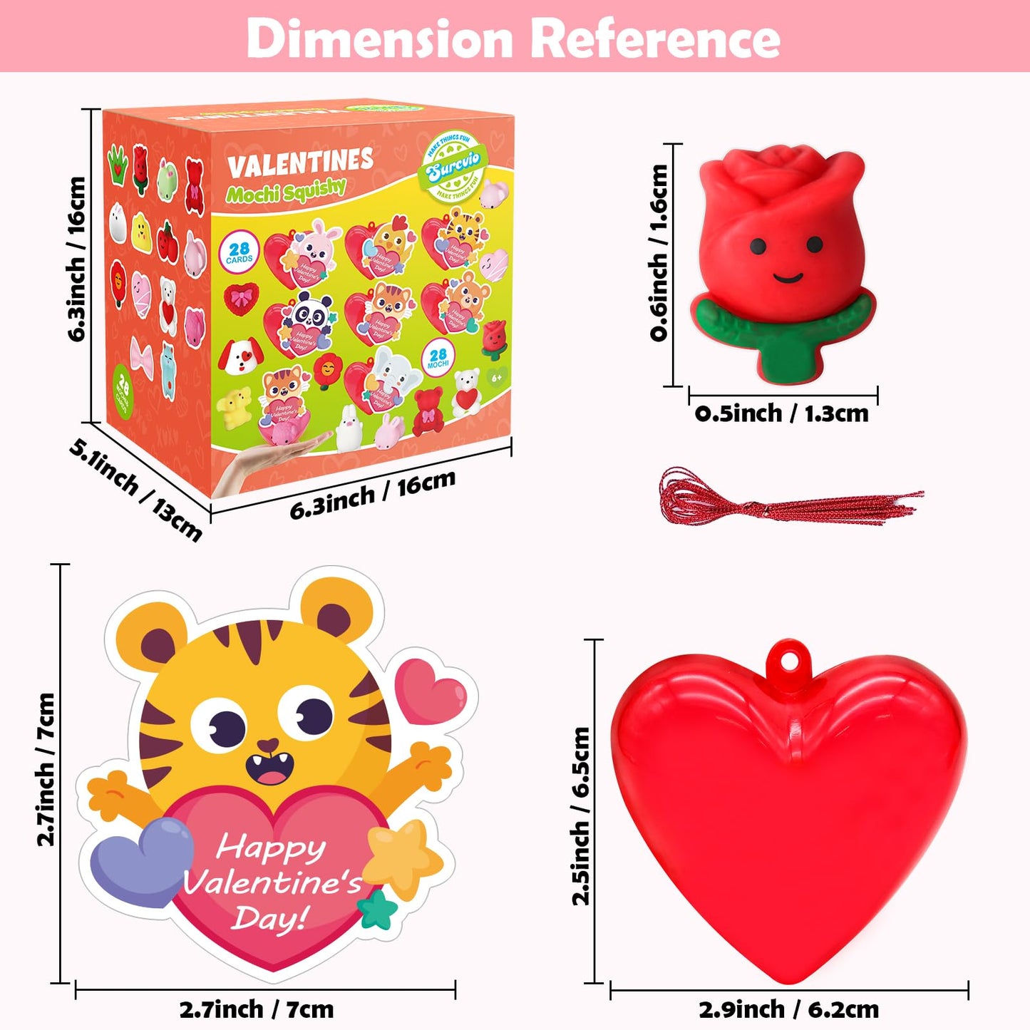 SURCVIO 28-Pack Valentines Day Gifts for Kids | Mochi Squishies, Heart Cases & Greeting Cards