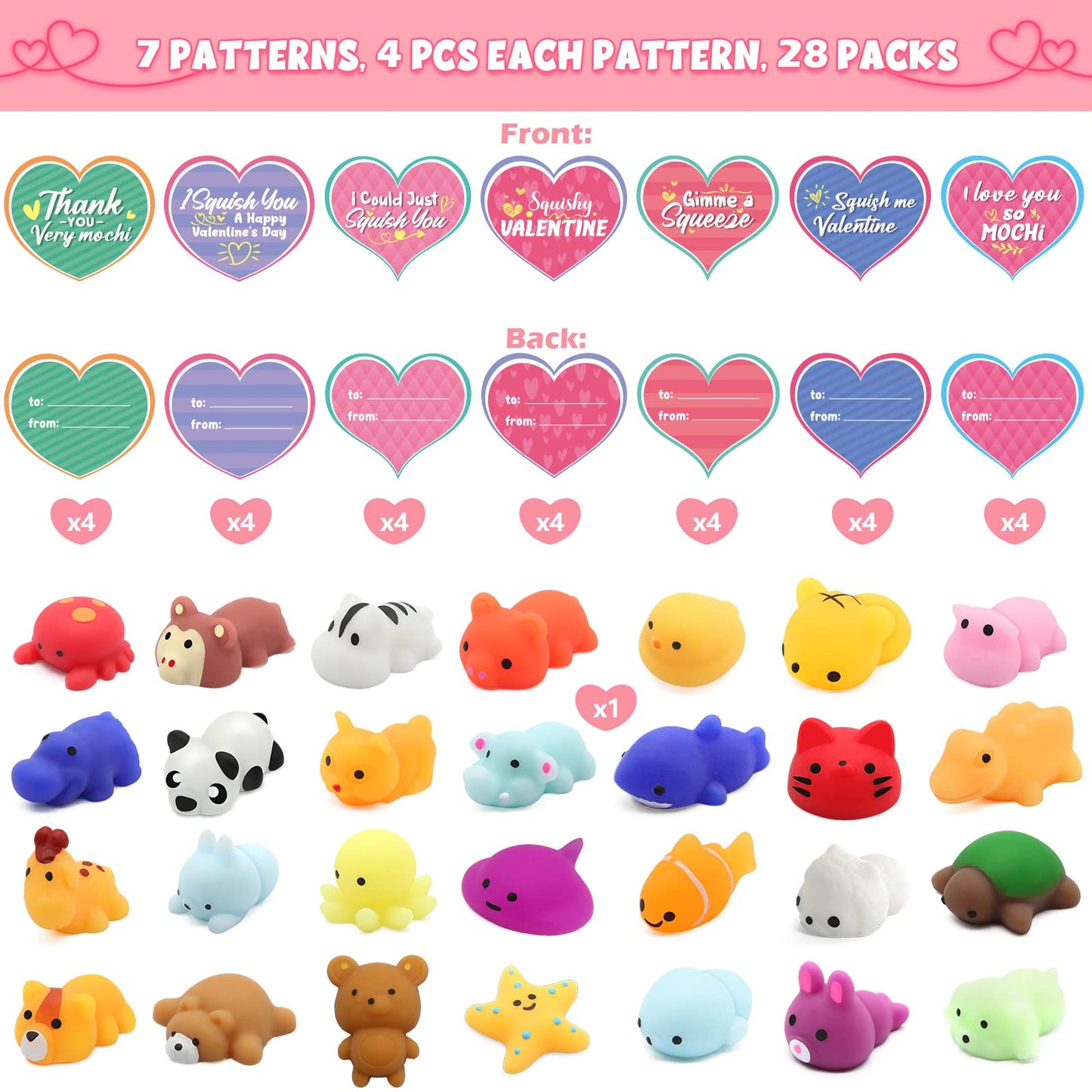 SURCVIO 28-Pack Valentines Day Gifts for Kids – Mochi Squishies, Heart Cases & Cards