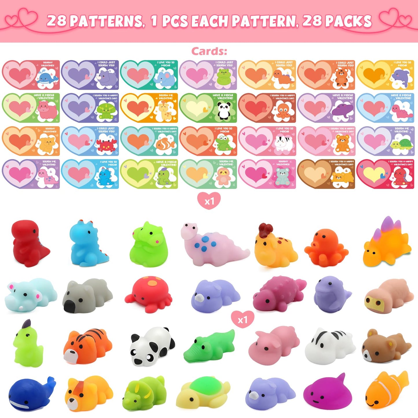 SURCVIO 28 Pcs Mochi Squishies and Valentines Cards for Kids
