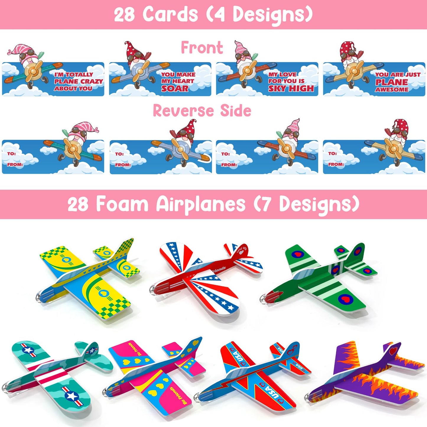 SURCVIO 28-Pack Valentines Day Gifts for Kids – Foam Airplanes & Gnome Cards