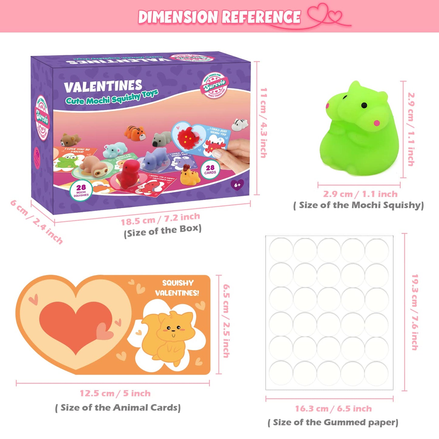 SURCVIO 28-Pack Valentines Day Gifts for Kids – Mochi Squishies & Cards