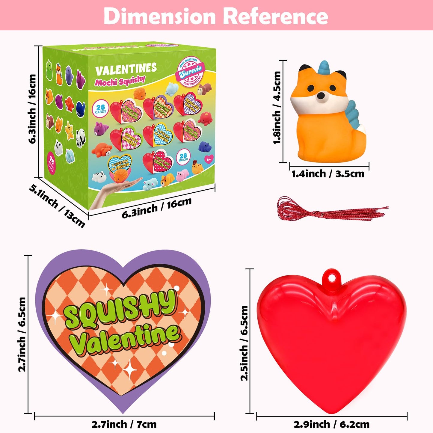 SURCVIO 28-Pack Valentines Day Gifts for Kids | Animal Mochi Squishies, Heart Box & Greeting Cards