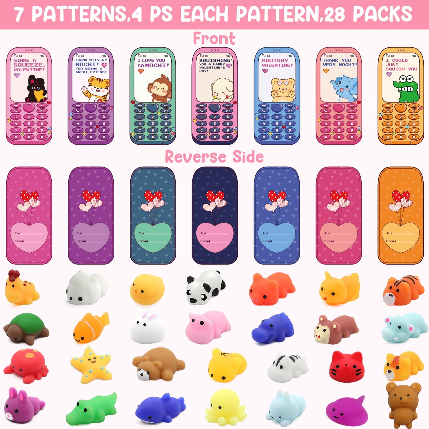 SURCVIO 28-Pack Valentines Day Animal Mochi Squishies with Greeting Cards | Classroom Gifts & Party Favors