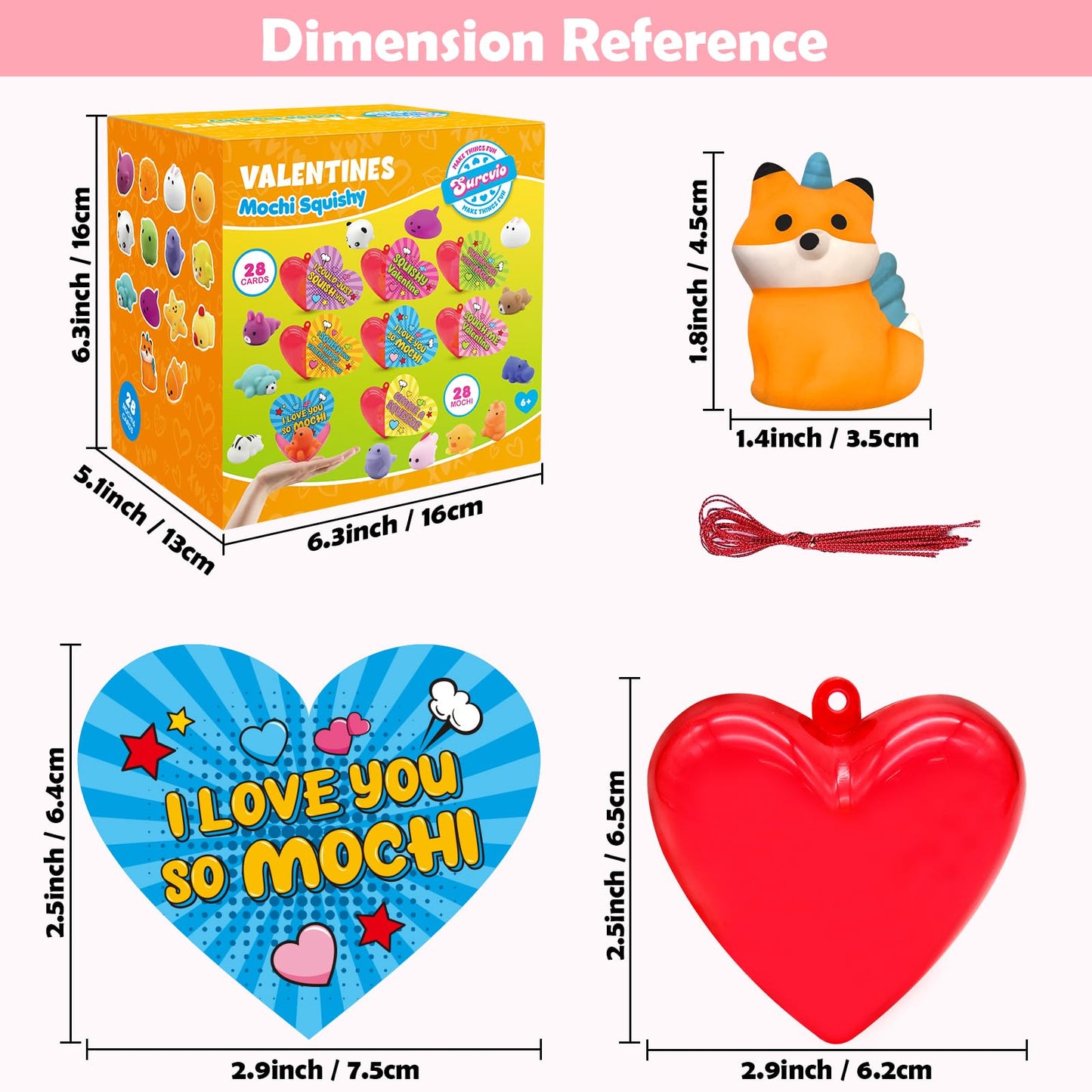 SURCVIO 28-Pack Valentine Mochi Squishies – Heart Cases, Cards & Kawaii Stress Relief Toys for Kids