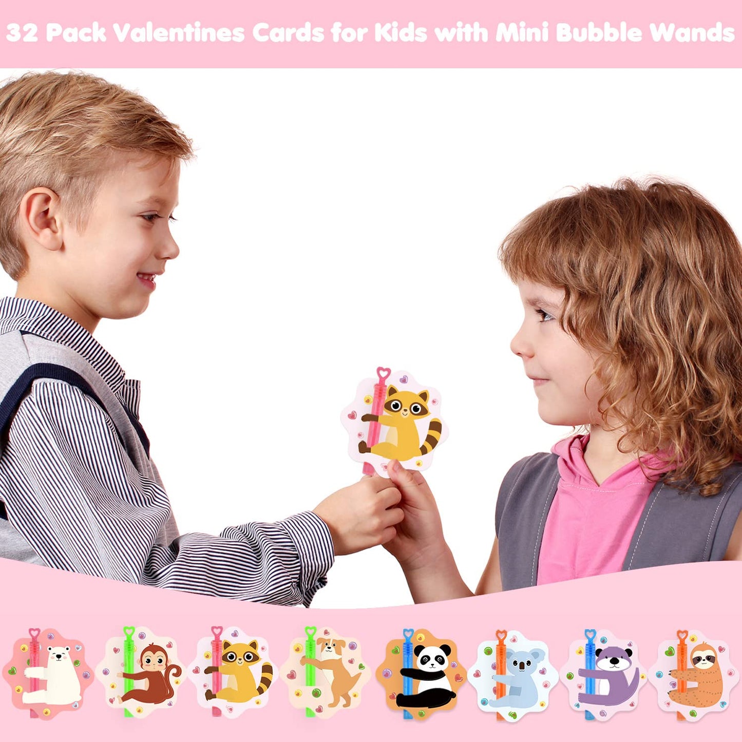 SURCVIO Valentines Day Gifts for Kids – 32-Pack Mini Bubble Wands with Animal-Themed Cards