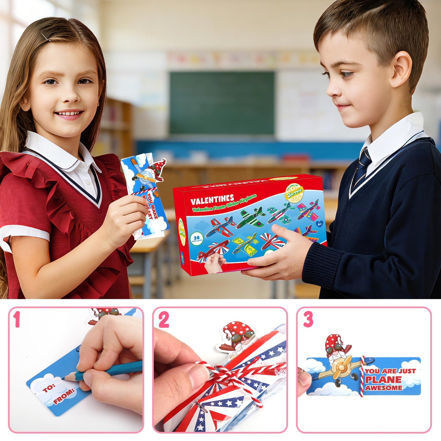 SURCVIO 28-Pack Valentines Day Gifts for Kids – Foam Airplanes & Gnome Cards
