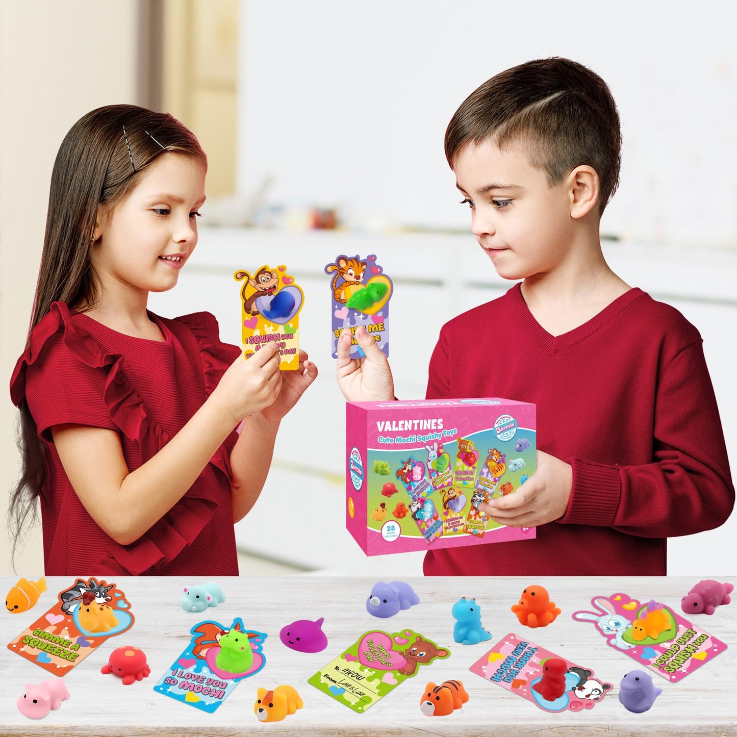 SURCVIO 28-Pack Valentines Day Gifts for Kids — Mochi Squishies & Cards
