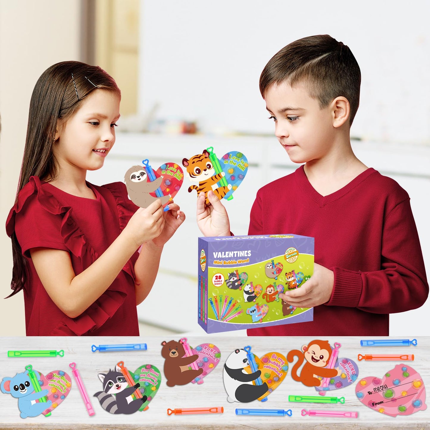 SURCVIO Valentines Day Gifts for Kids – 32 Pack Mini Bubble Wands with Animal Cards