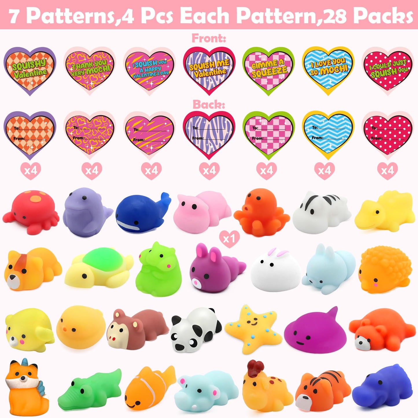 SURCVIO 28-Pack Valentines Day Gifts for Kids | Animal Mochi Squishies, Heart Box & Greeting Cards