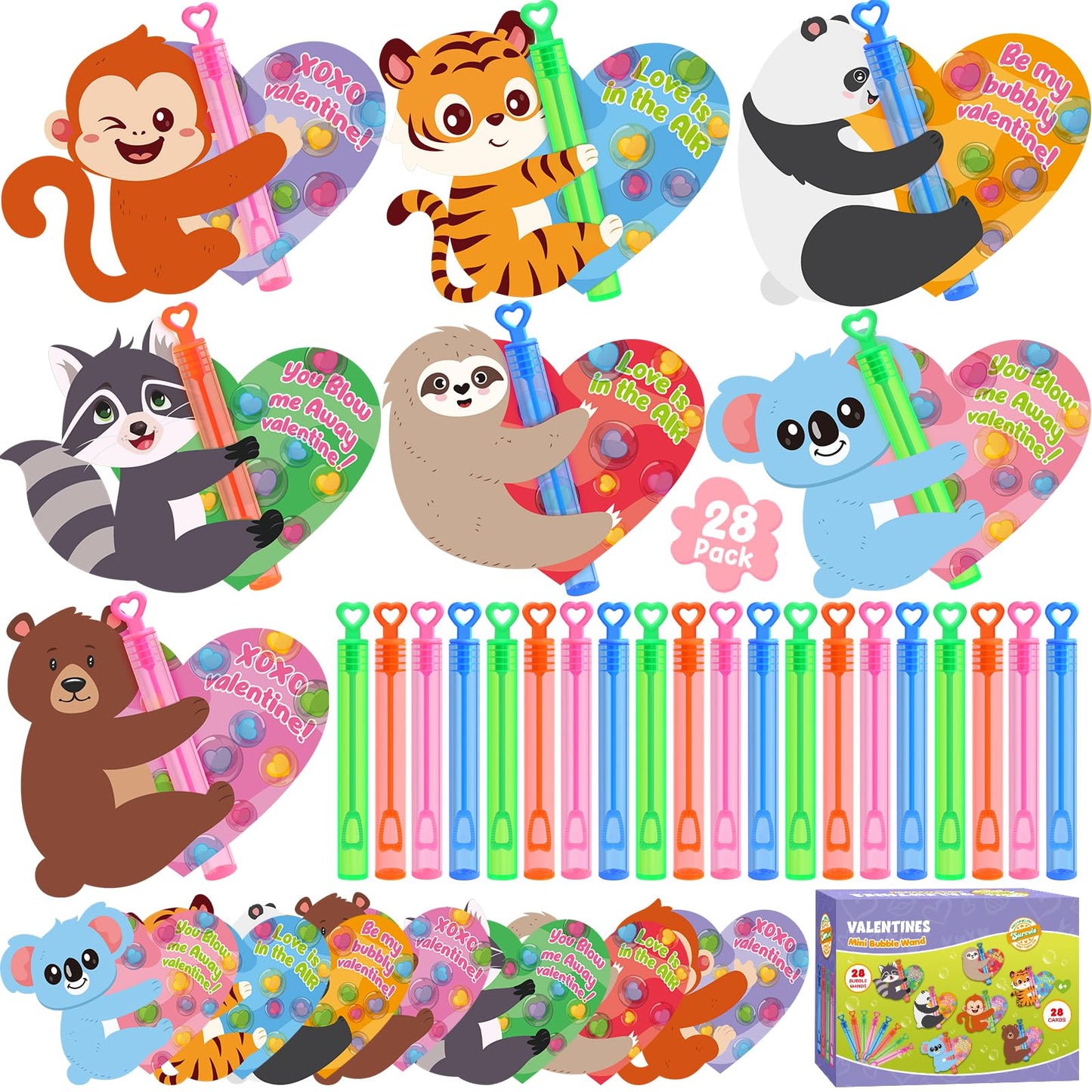 SURCVIO Valentines Day Gifts for Kids – 32 Pack Mini Bubble Wands with Animal Cards