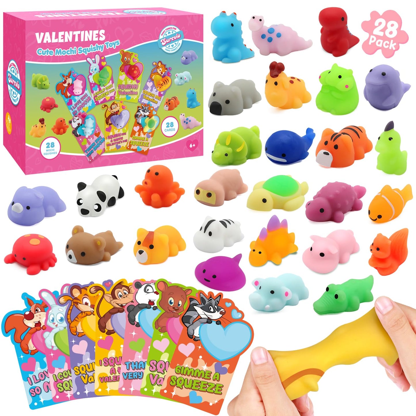 SURCVIO 28-Pack Valentines Day Gifts for Kids — Mochi Squishies & Cards