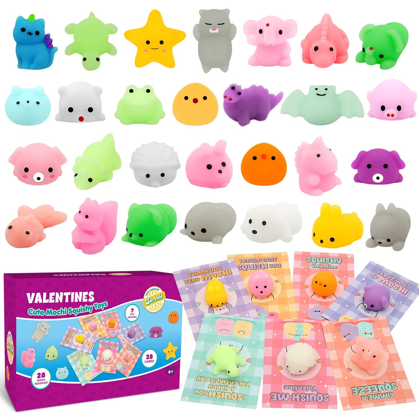 SURCVIO 28-Pack Valentines Mochi Squishies & Greeting Cards for Kids