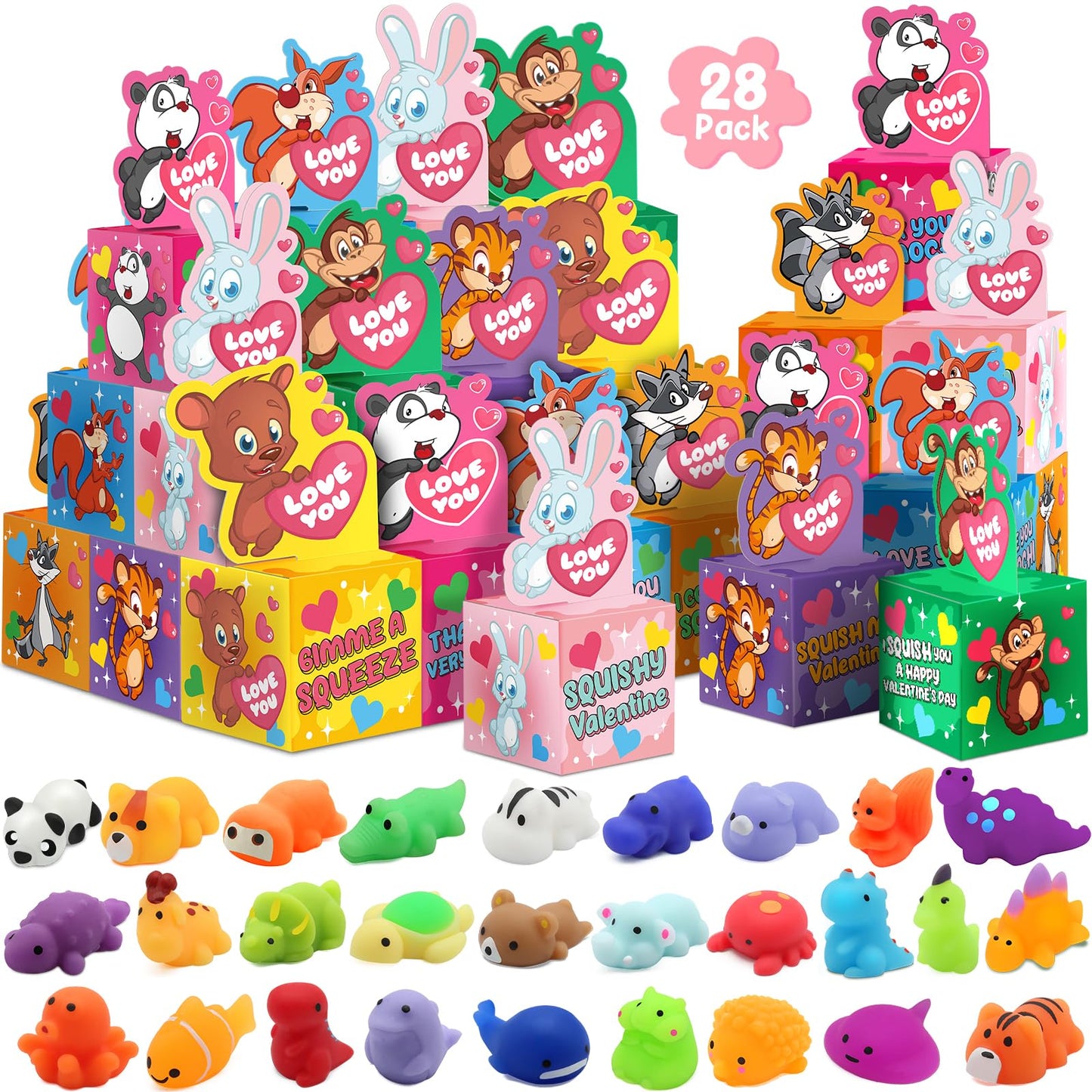 SURCVIO 28-Pack Valentines Day Gifts for Kids – Mochi Squishies & Greeting Card Boxes