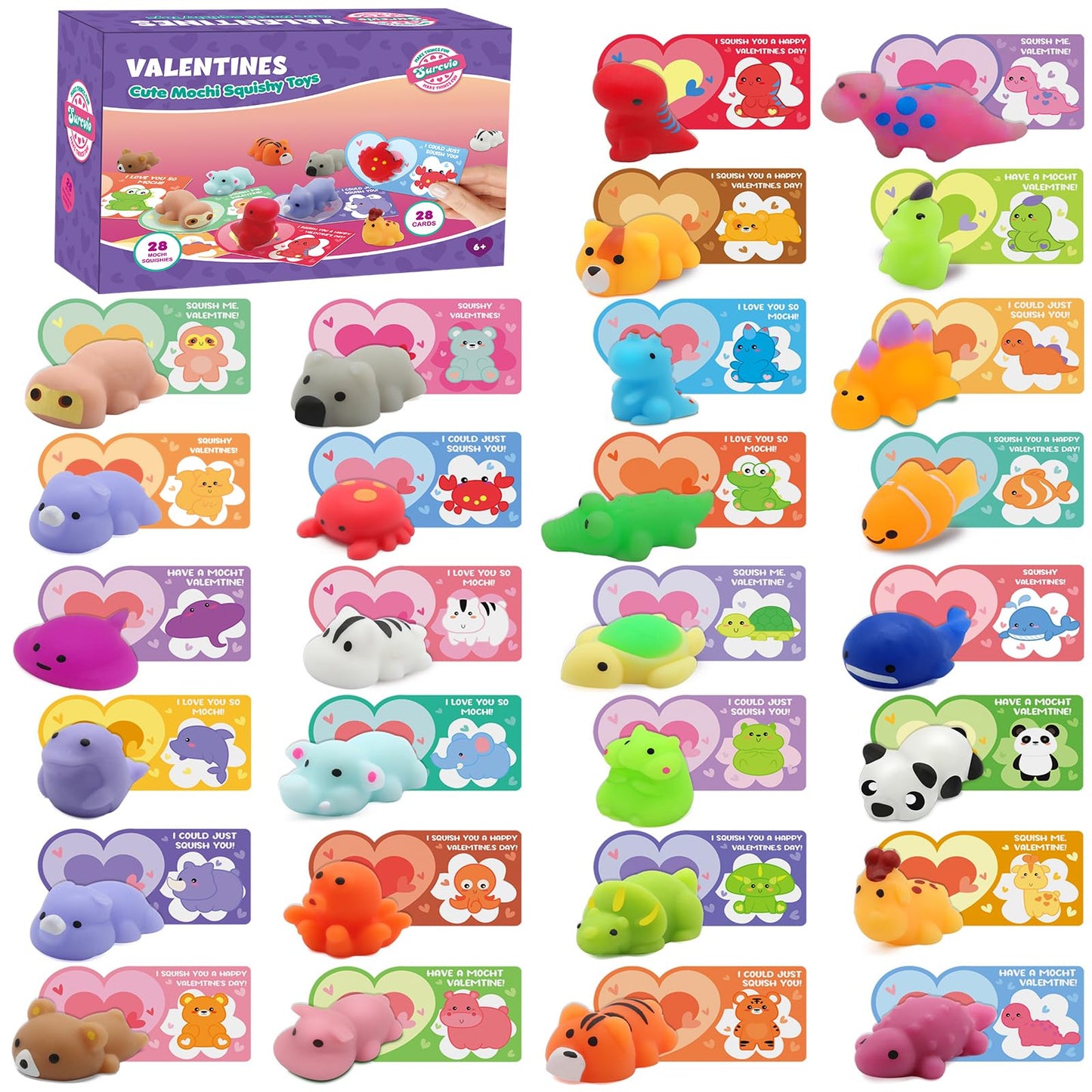 SURCVIO 28-Pack Valentines Day Gifts for Kids – Mochi Squishies & Cards