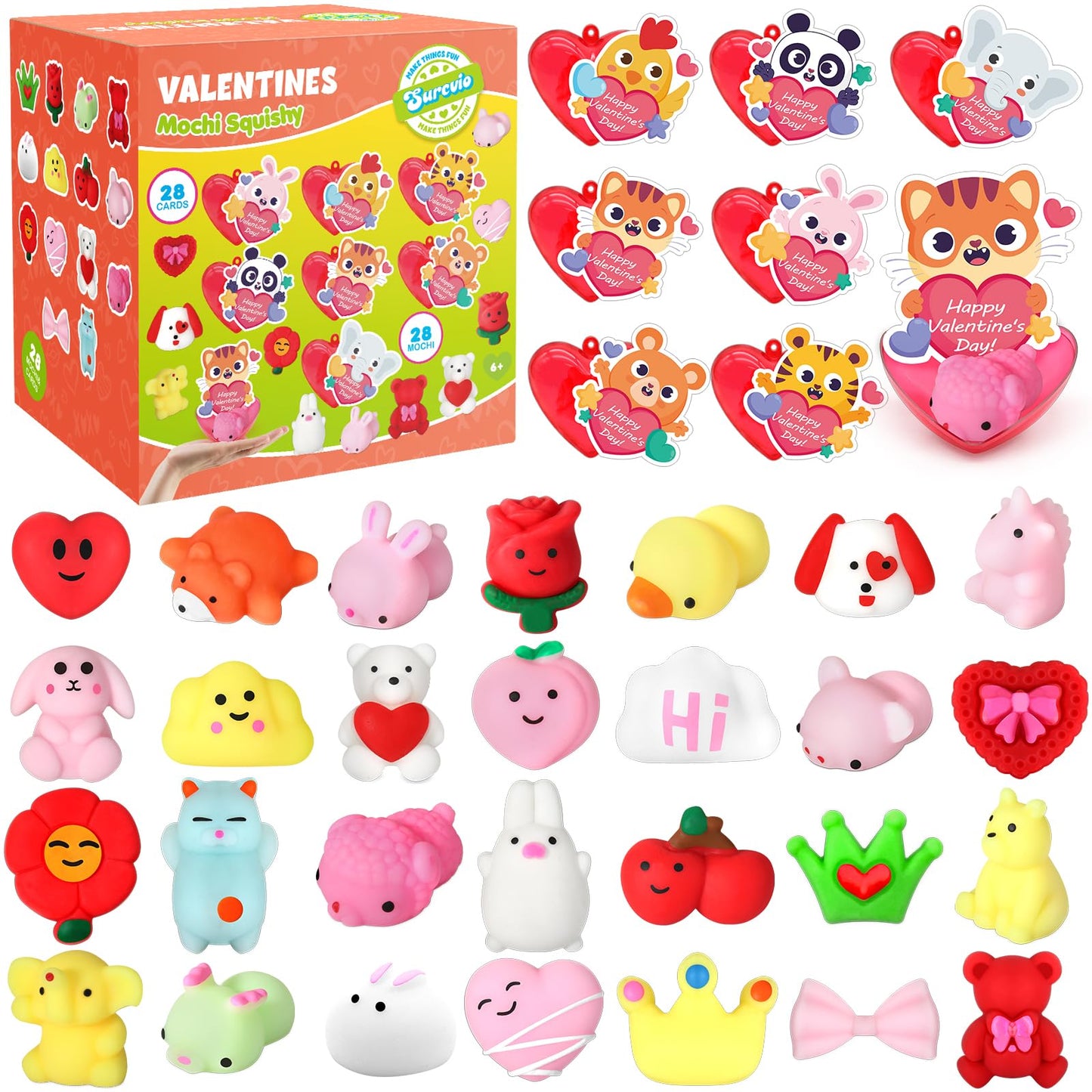 SURCVIO 28-Pack Valentines Day Gifts for Kids | Mochi Squishies, Heart Cases & Greeting Cards