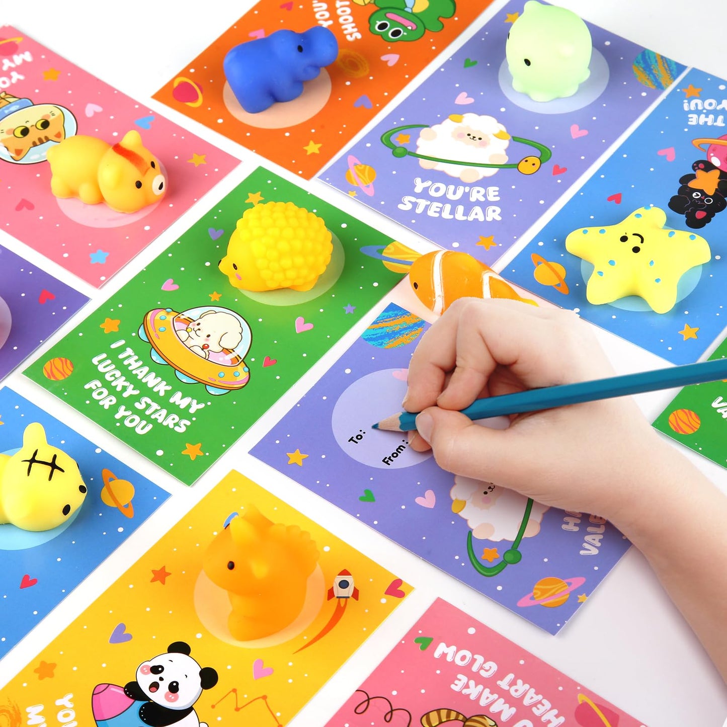 SURCVIO 28-Pack Valentines Day Gifts for Kids | Mochi Squishies & Greeting Cards