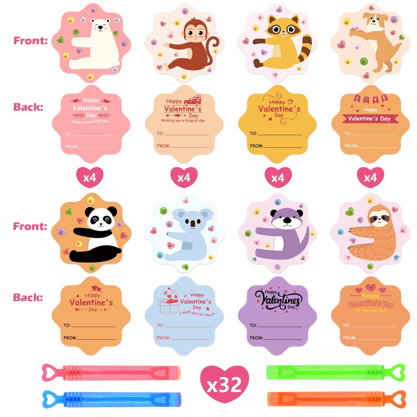 SURCVIO Valentines Day Gifts for Kids – 32-Pack Mini Bubble Wands with Animal-Themed Cards