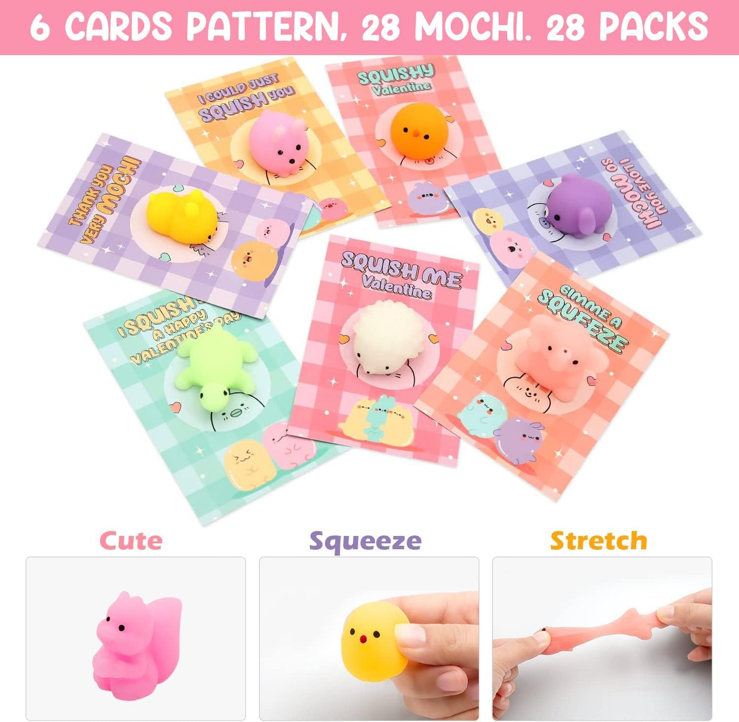 SURCVIO 28-Pack Valentines Day Gift Cards with Animal Mochi Squishy Toys | Classroom Prizes & Party Favors