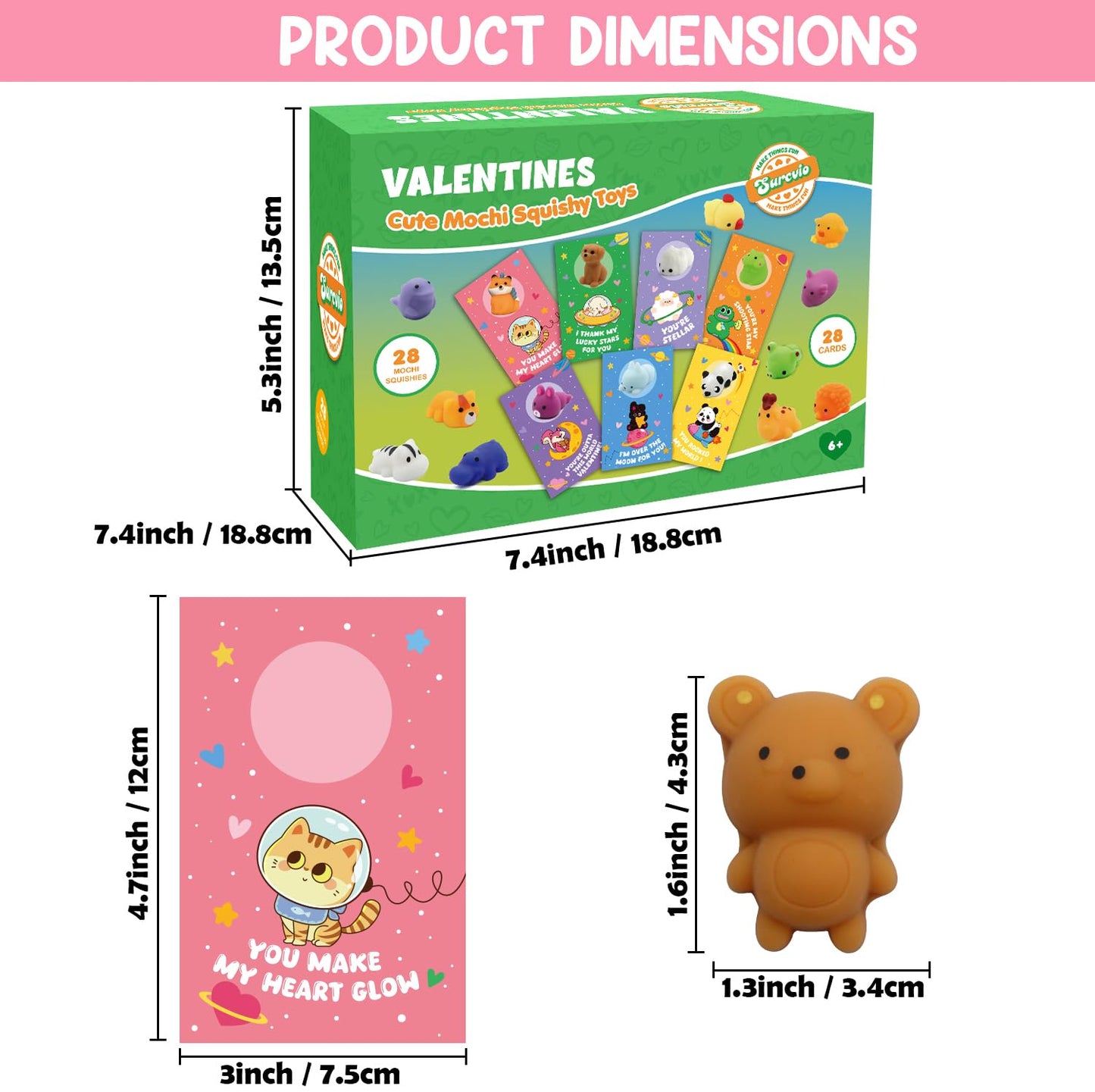 SURCVIO 28-Pack Valentines Day Gifts for Kids | Mochi Squishies & Greeting Cards