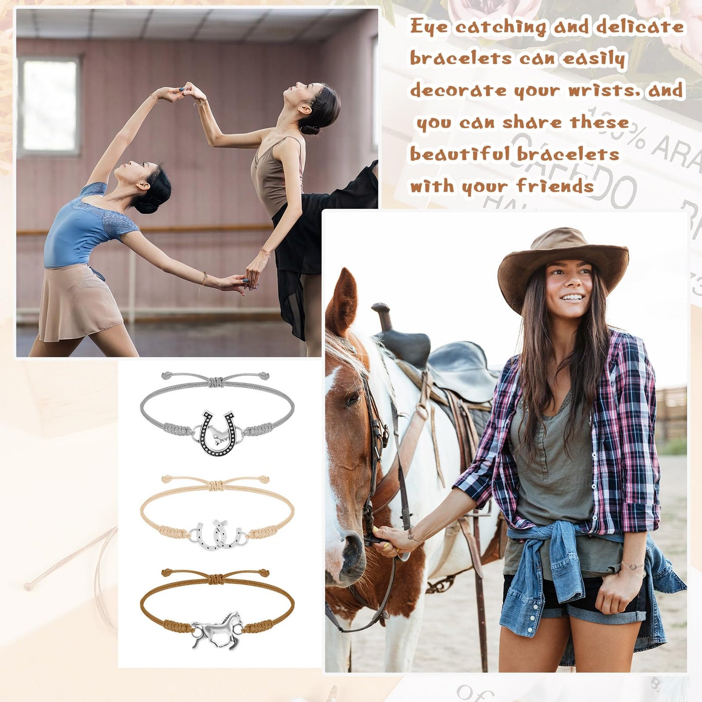 Sureio 48 Pcs Horse Bracelet Gifts – Rope Braided Adjustable Party Favors (White, Beige, Brown)