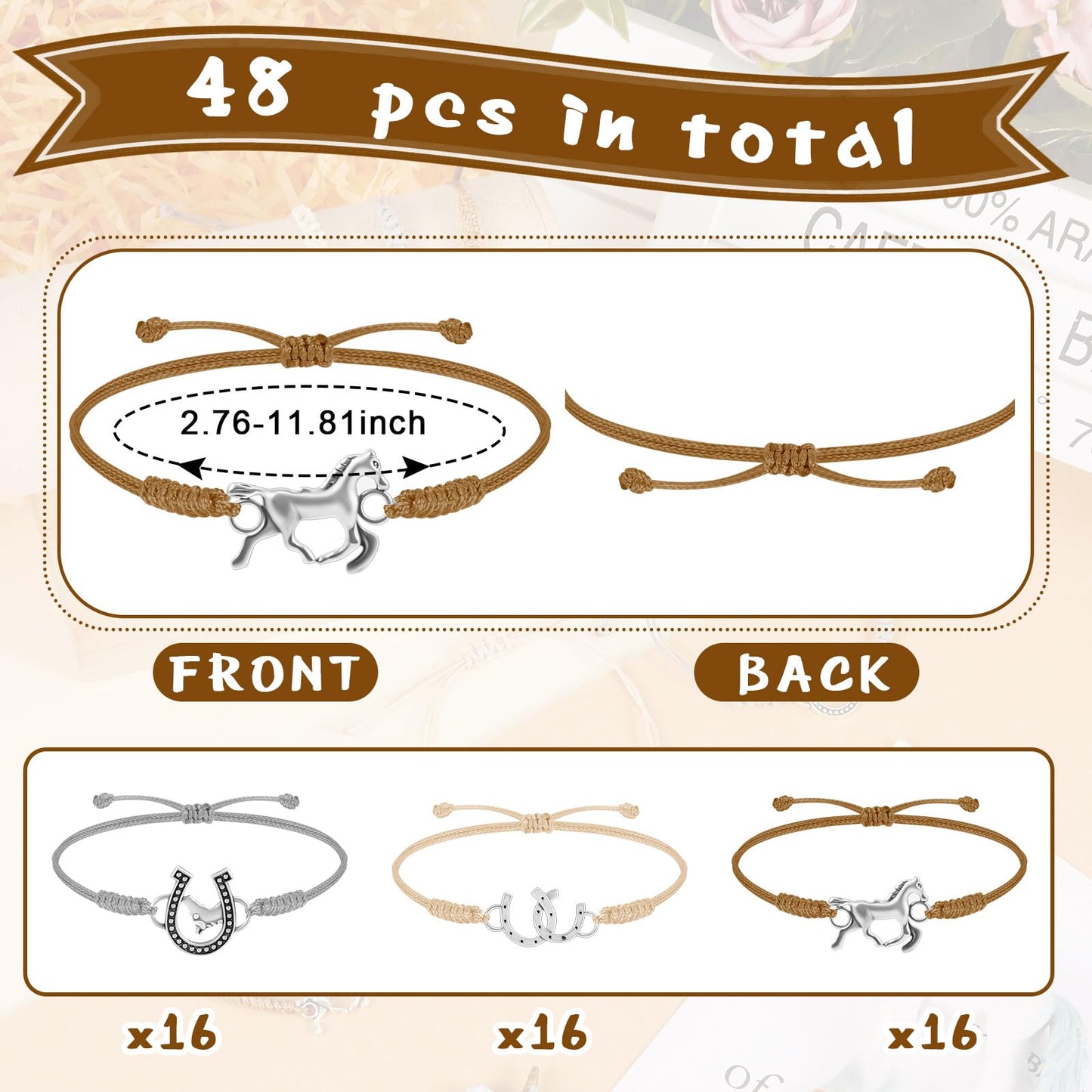 Sureio 48 Pcs Horse Bracelet Gifts – Rope Braided Adjustable Party Favors (White, Beige, Brown)