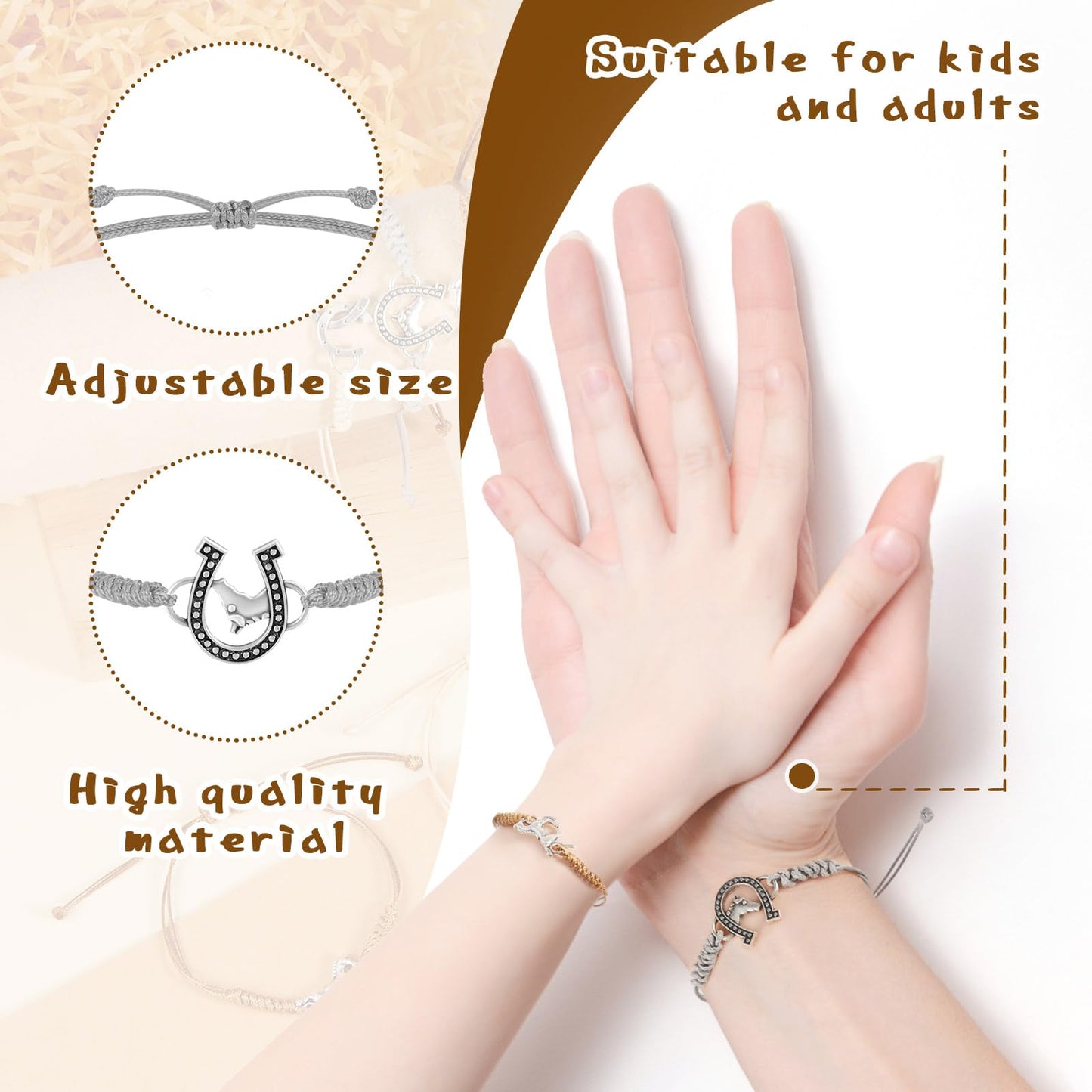 Sureio 48 Pcs Horse Bracelet Gifts – Rope Braided Adjustable Party Favors (White, Beige, Brown)