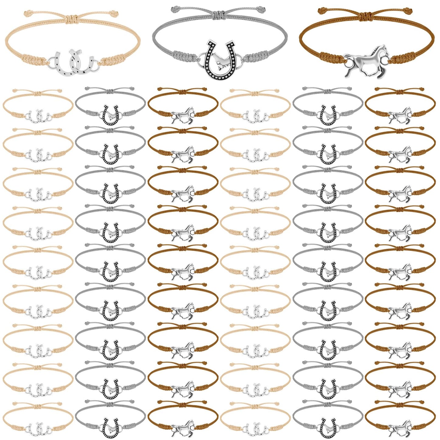 Sureio 48 Pcs Horse Bracelet Gifts – Rope Braided Adjustable Party Favors (White, Beige, Brown)
