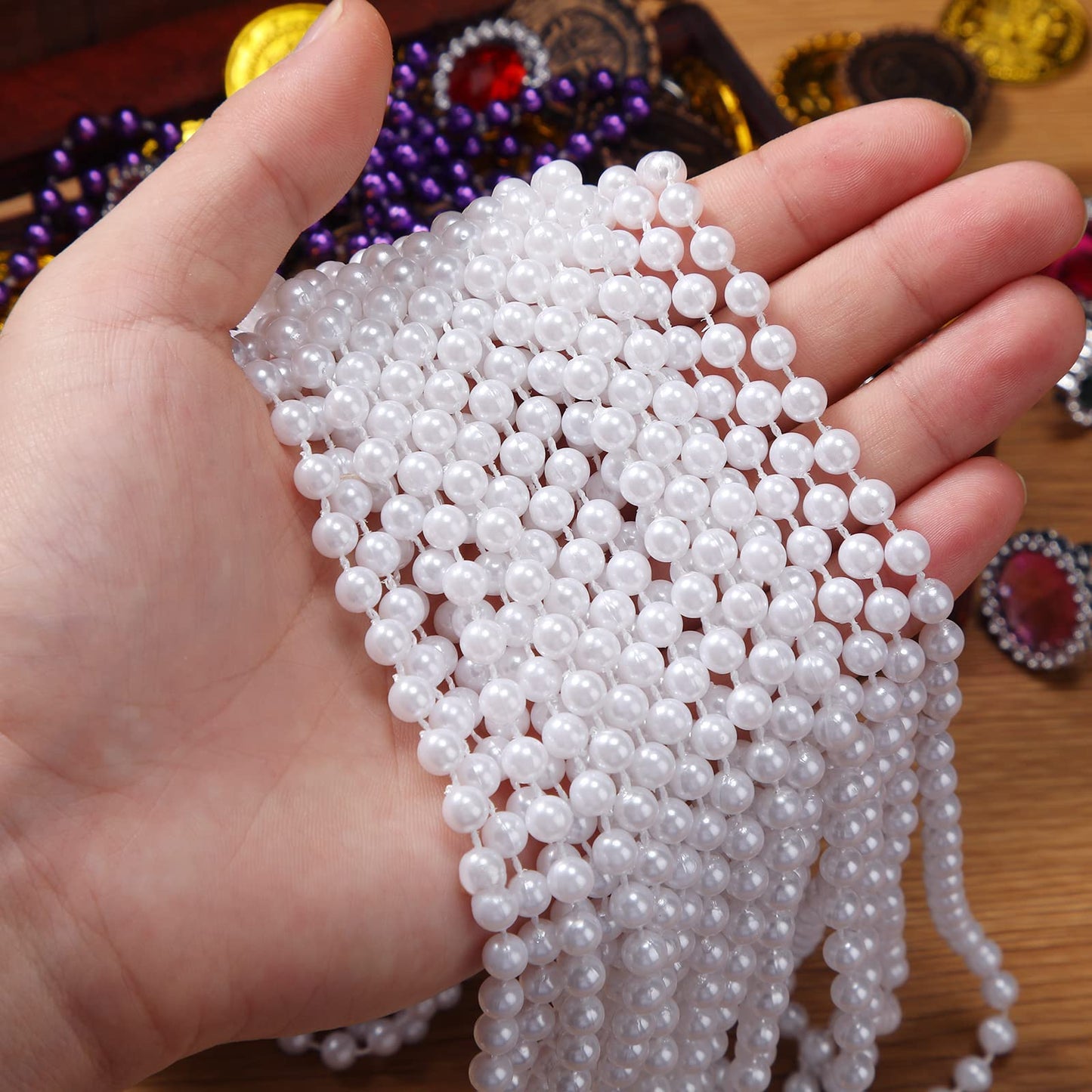 Sureio 12-Pack Fake Pearl Necklace – Long Faux Pearl Bead Strand for Parties, Weddings & Costumes (White)