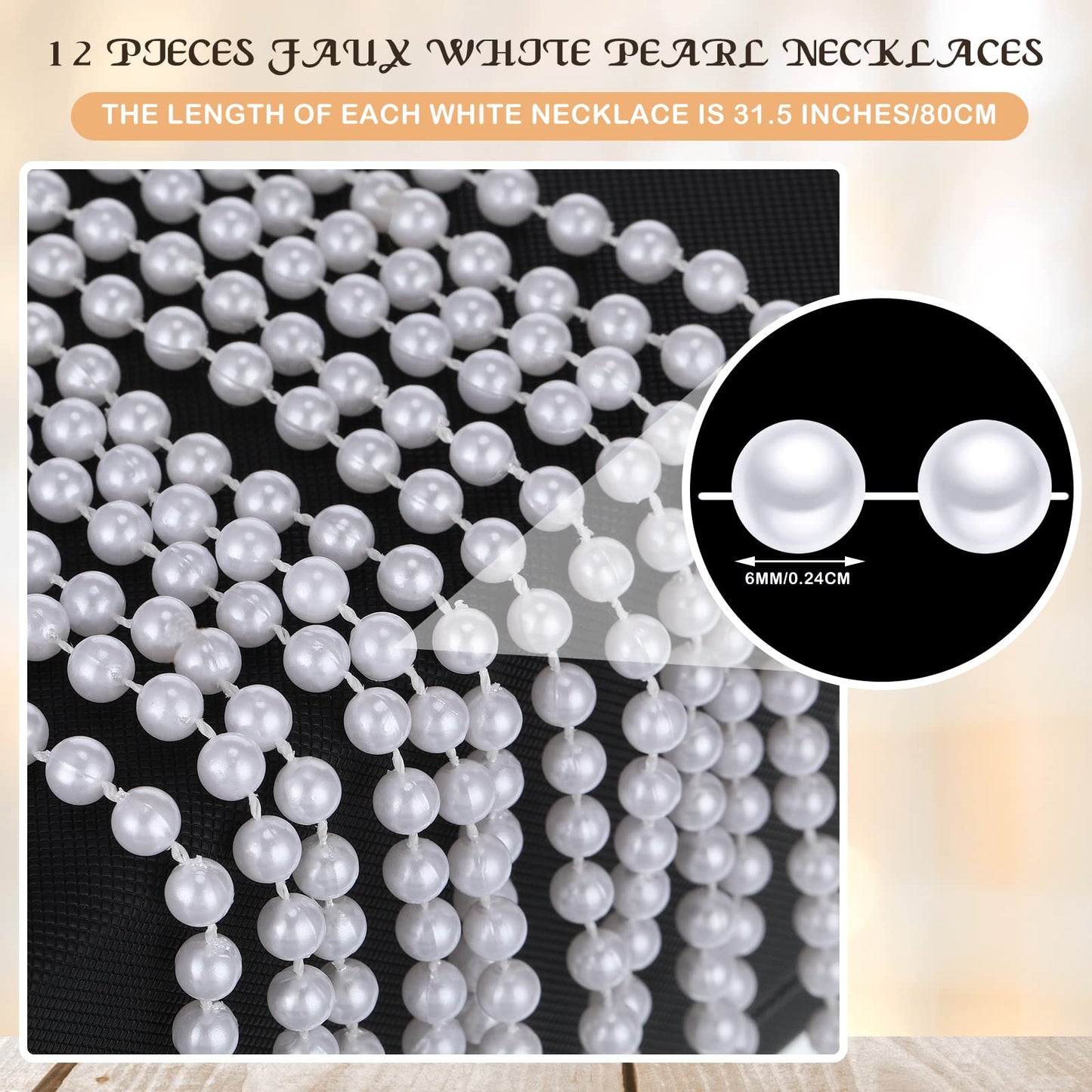 Sureio 12-Pack Fake Pearl Necklace – Long Faux Pearl Bead Strand for Parties, Weddings & Costumes (White)