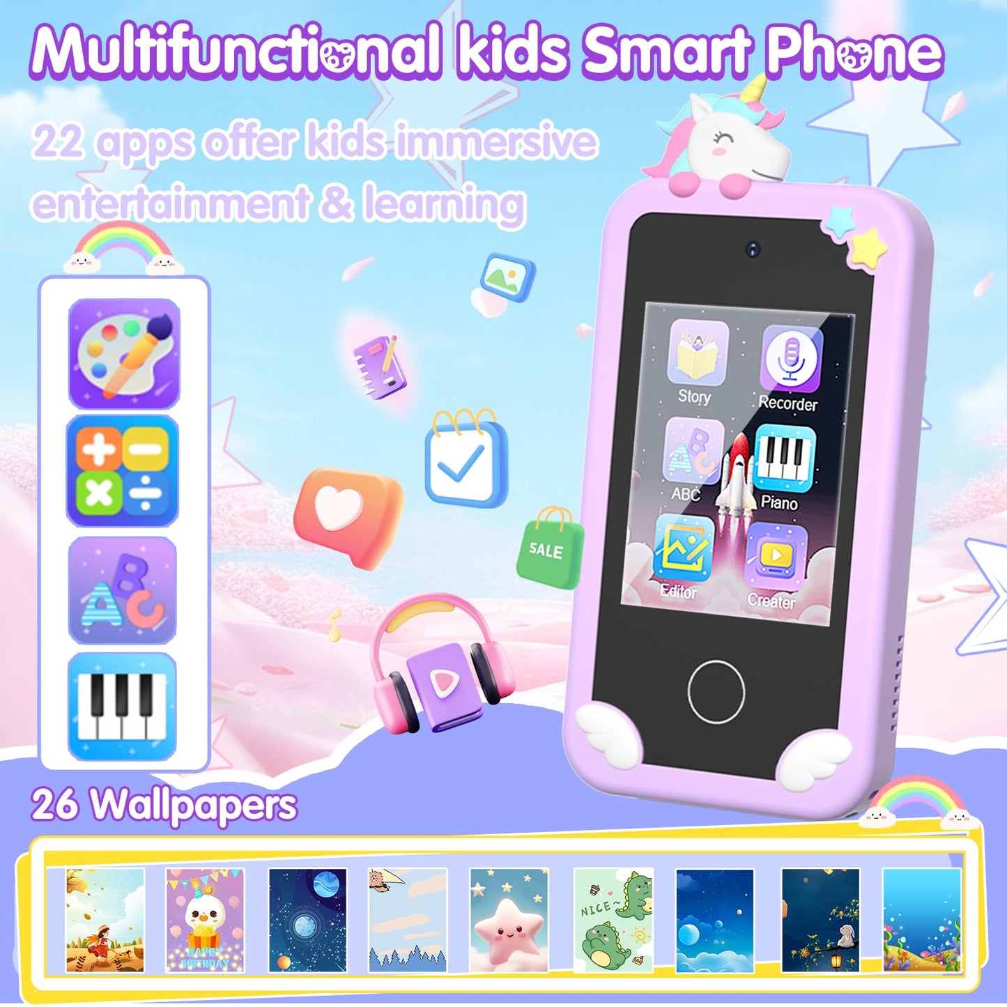 Surelect Kids Smart Phone for Girls - 2.8-inch Touchscreen, 32GB SD Card, Dual Camera, Puzzle Games