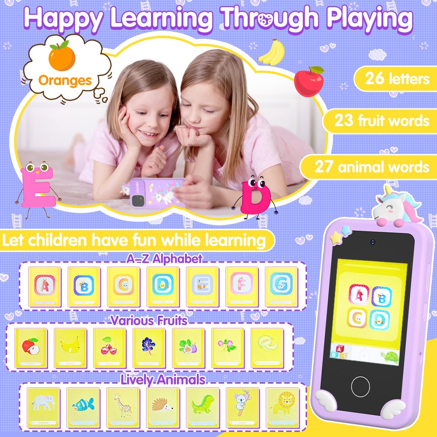 Surelect Kids Smart Phone for Girls - 2.8-inch Touchscreen, 32GB SD Card, Dual Camera, Puzzle Games