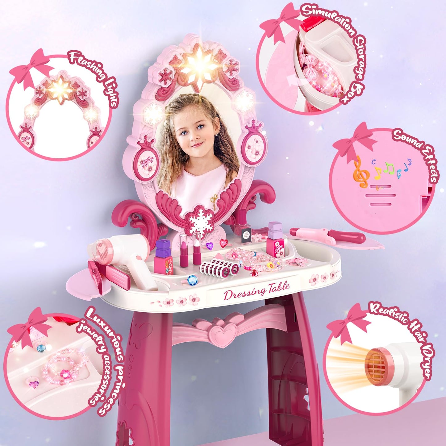 Surelect Toddler Vanity Table with Mirror & Chair – Lights, Sounds Hairdryer & 21-Piece Accessory Set for Girls 3–6