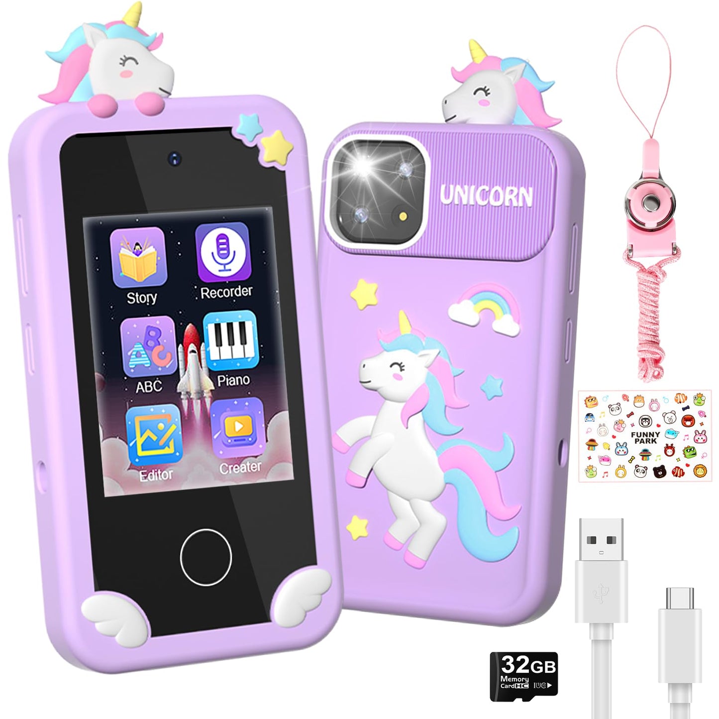 Surelect Kids Smart Phone for Girls - 2.8-inch Touchscreen, 32GB SD Card, Dual Camera, Puzzle Games