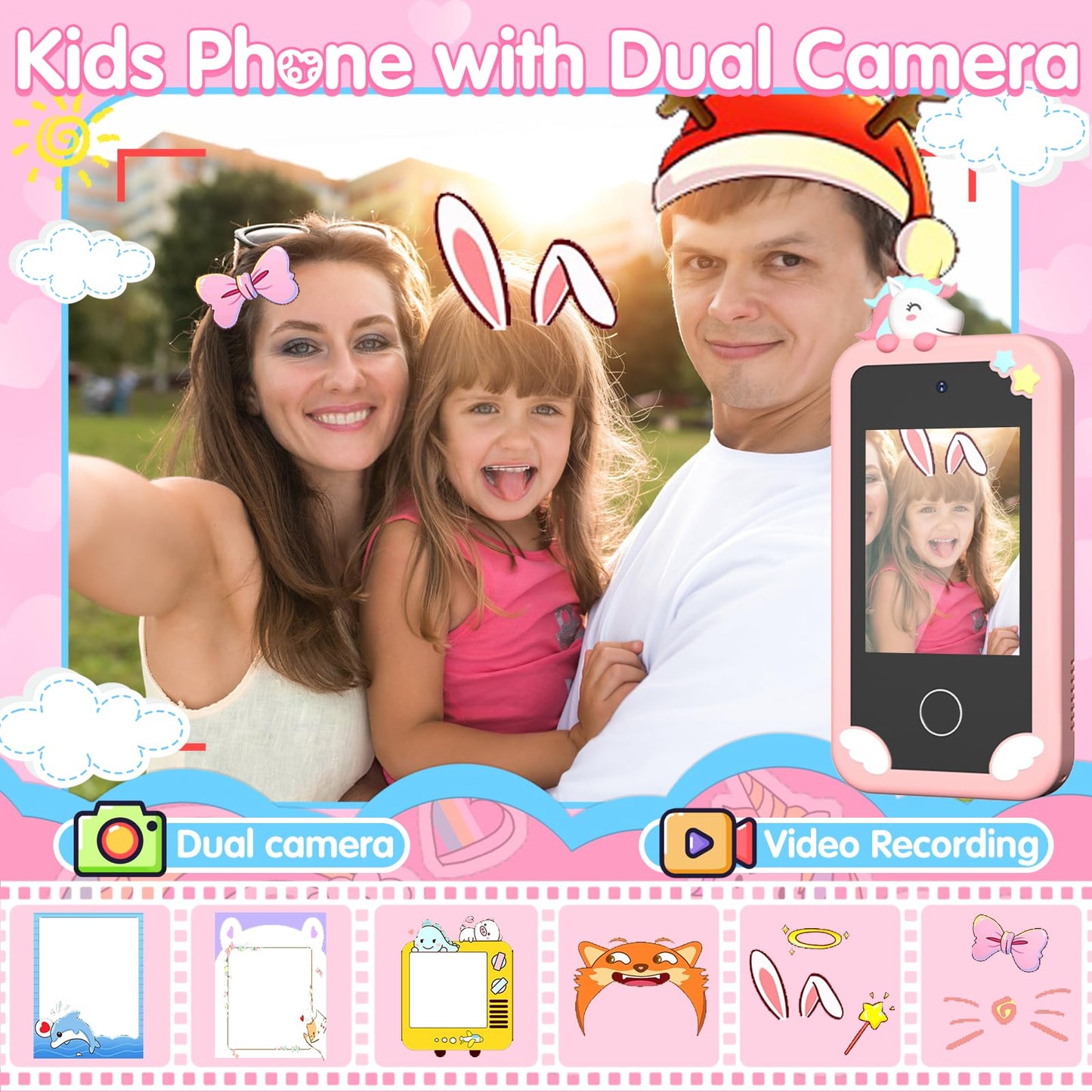 Surelect Kids Smart Phone 2.8-inch Pink – 32GB, Dual Camera, Educational Games, No Internet
