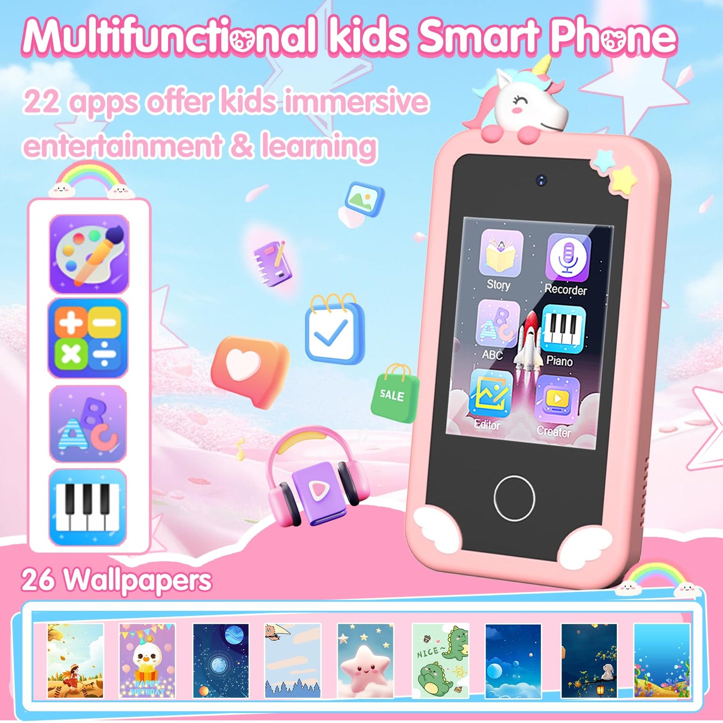 Surelect Kids Smart Phone 2.8-inch Pink – 32GB, Dual Camera, Educational Games, No Internet