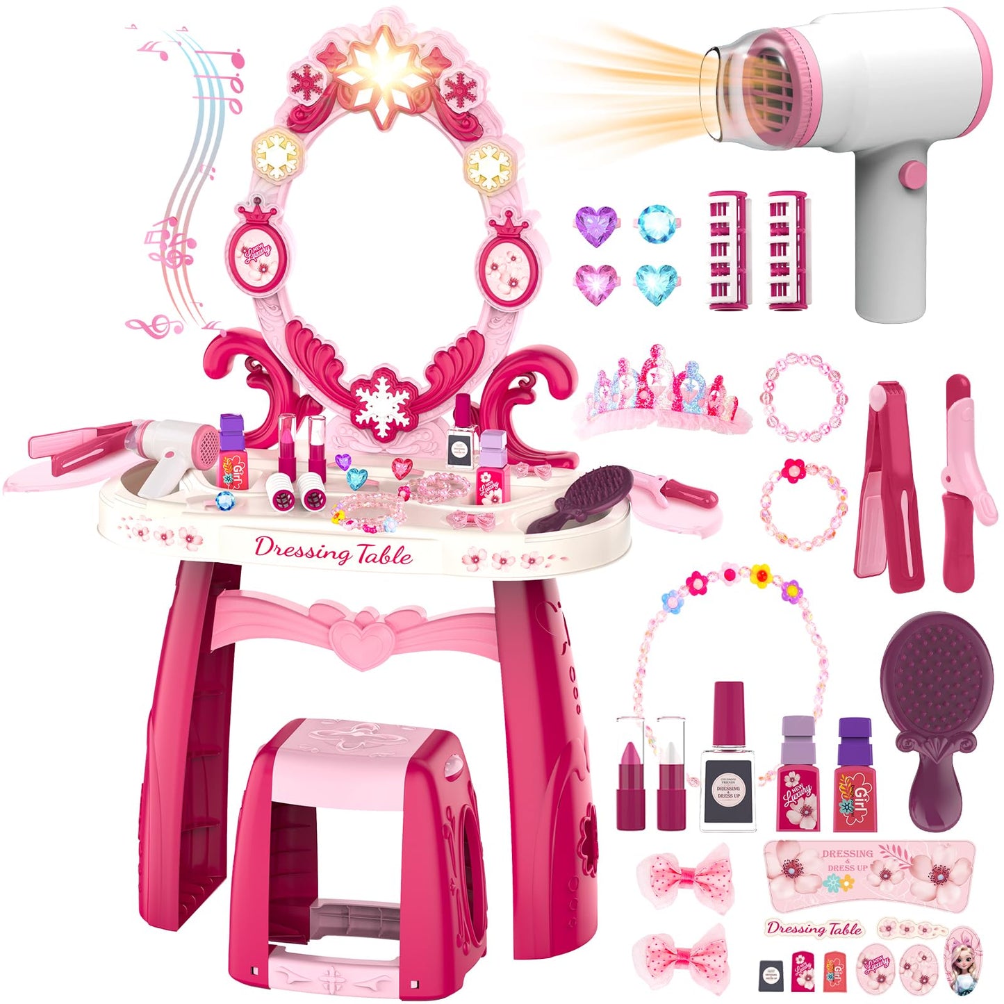 Surelect Toddler Vanity Table with Mirror & Chair – Lights, Sounds Hairdryer & 21-Piece Accessory Set for Girls 3–6