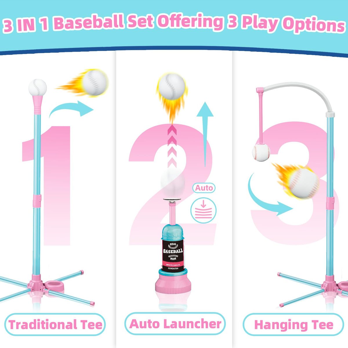 Surelect 3-in-1 T Ball Set for Kids | Adjustable Height Batting Tee & Ball Launcher
