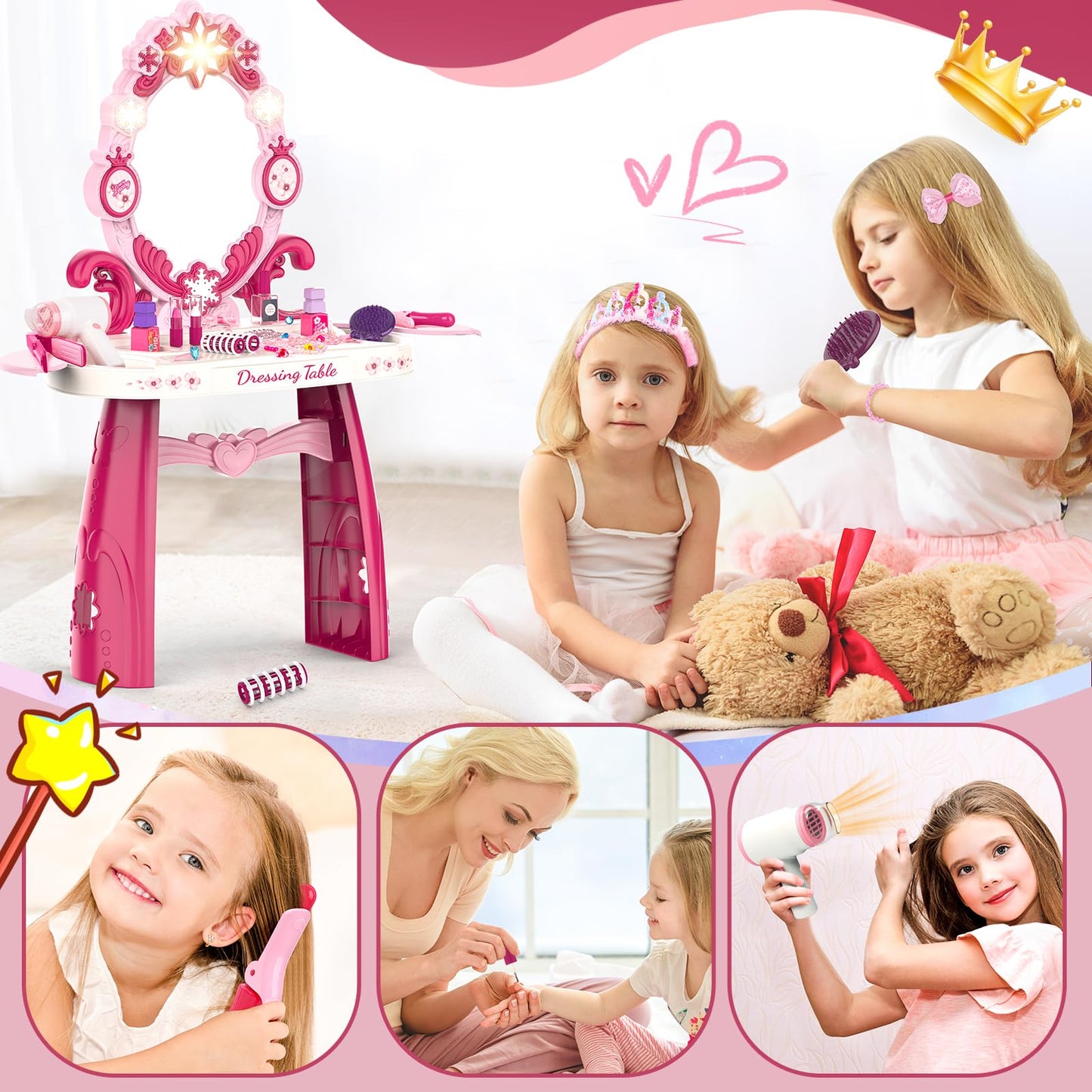 Surelect Toddler Vanity Table with Mirror & Chair – Lights, Sounds Hairdryer & 21-Piece Accessory Set for Girls 3–6