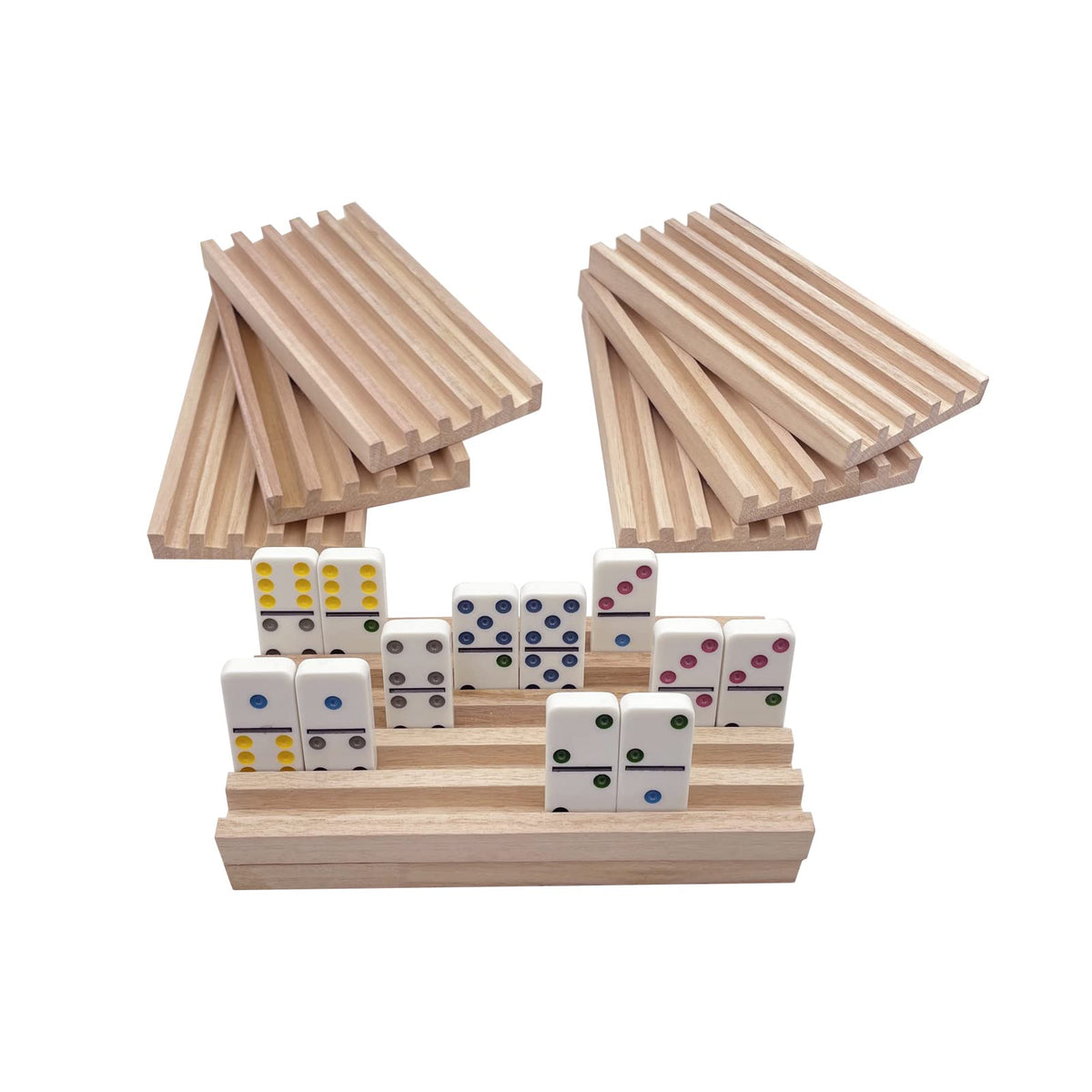SUTIMSHE Natural Wood Domino Trays – 8-Pack for Mexican Train & Chicken Foot