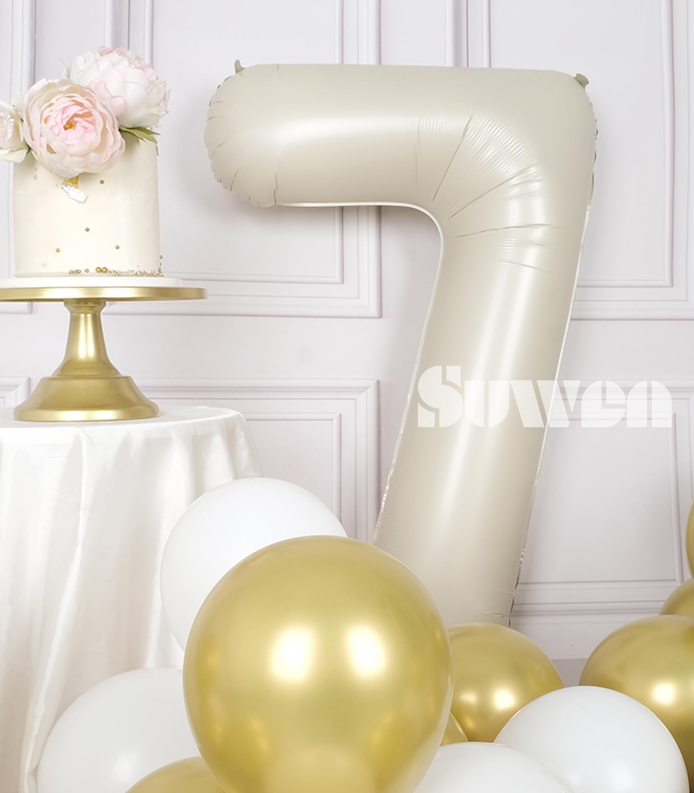 SUWEN 40-Inch Cream White Number 7 Foil Balloon – Jumbo Mylar Birthday Party Decoration