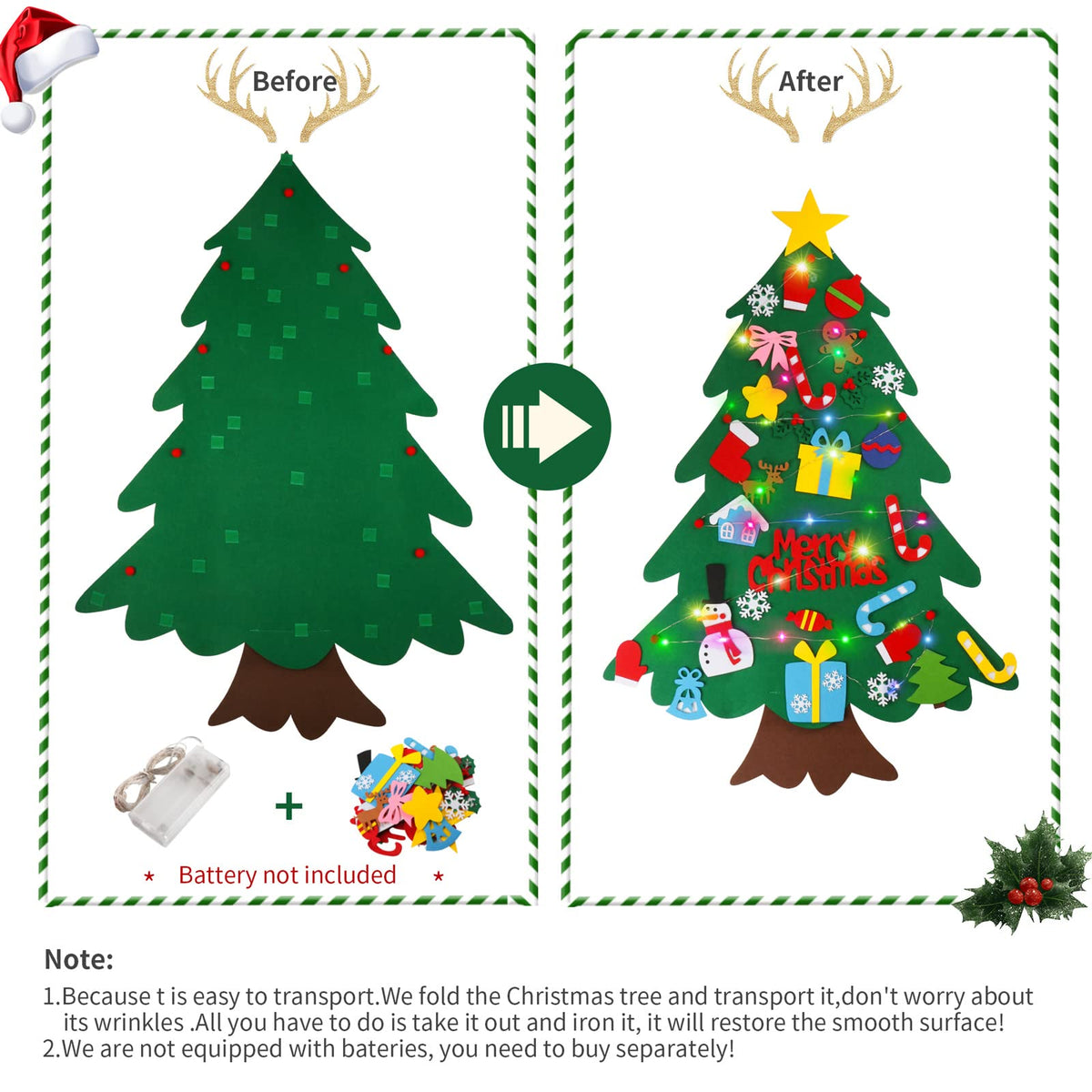 Suweor Upo Felt Christmas Tree Set — 3.2ft Wall-Hanging with 30 LEDs & Detachable Ornaments