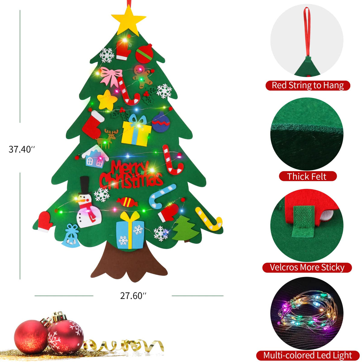 Suweor Upo Felt Christmas Tree Set — 3.2ft Wall-Hanging with 30 LEDs & Detachable Ornaments