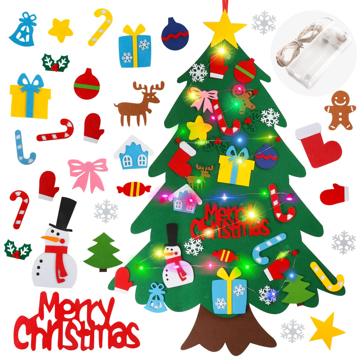 Suweor Upo Felt Christmas Tree Set — 3.2ft Wall-Hanging with 30 LEDs & Detachable Ornaments