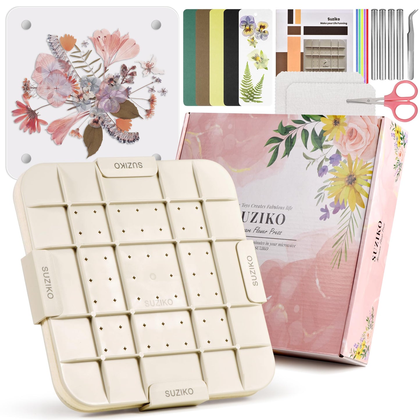 Suziko 9-Inch Max Microwave Flower Press with Photo Frame – Quick Drying, Reusable Fabric, Color Vibrancy, Valentine’s Gift