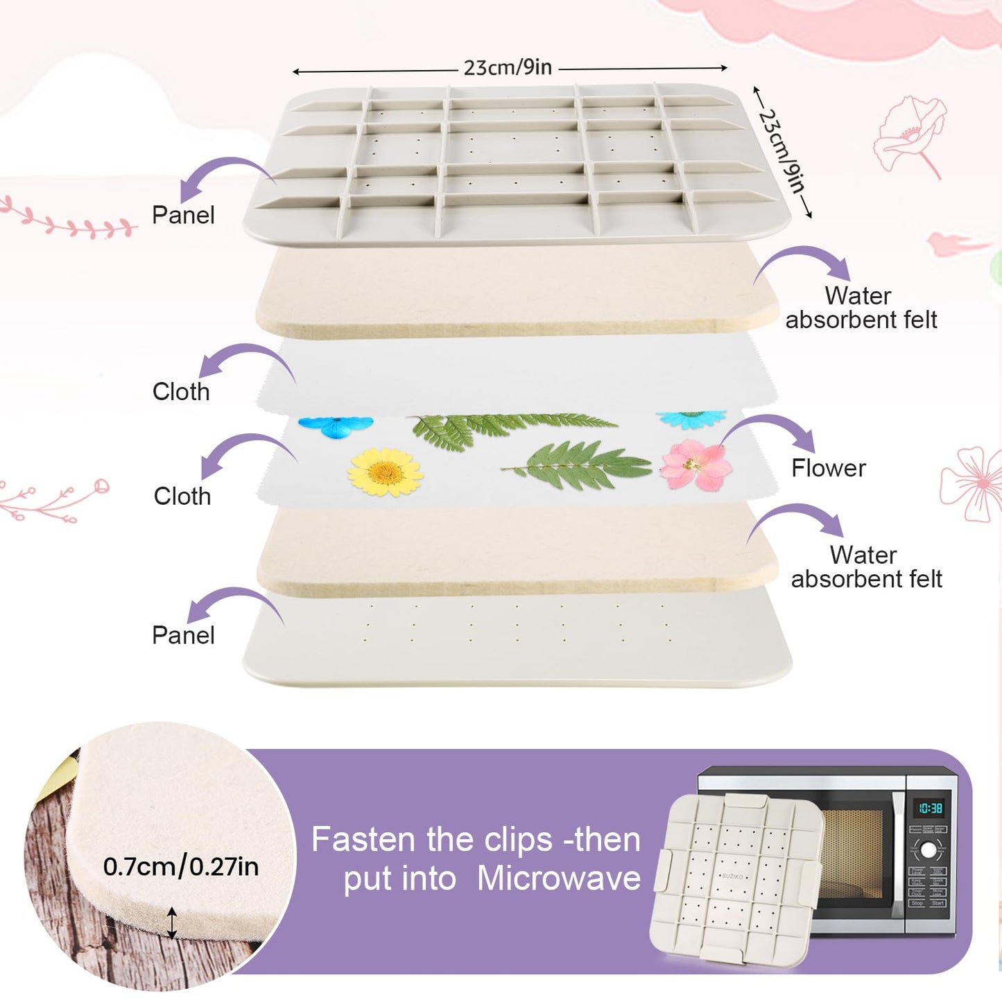 Suziko 9-Inch Max Microwave Flower Press with Photo Frame – Quick Drying, Reusable Fabric, Color Vibrancy, Valentine’s Gift