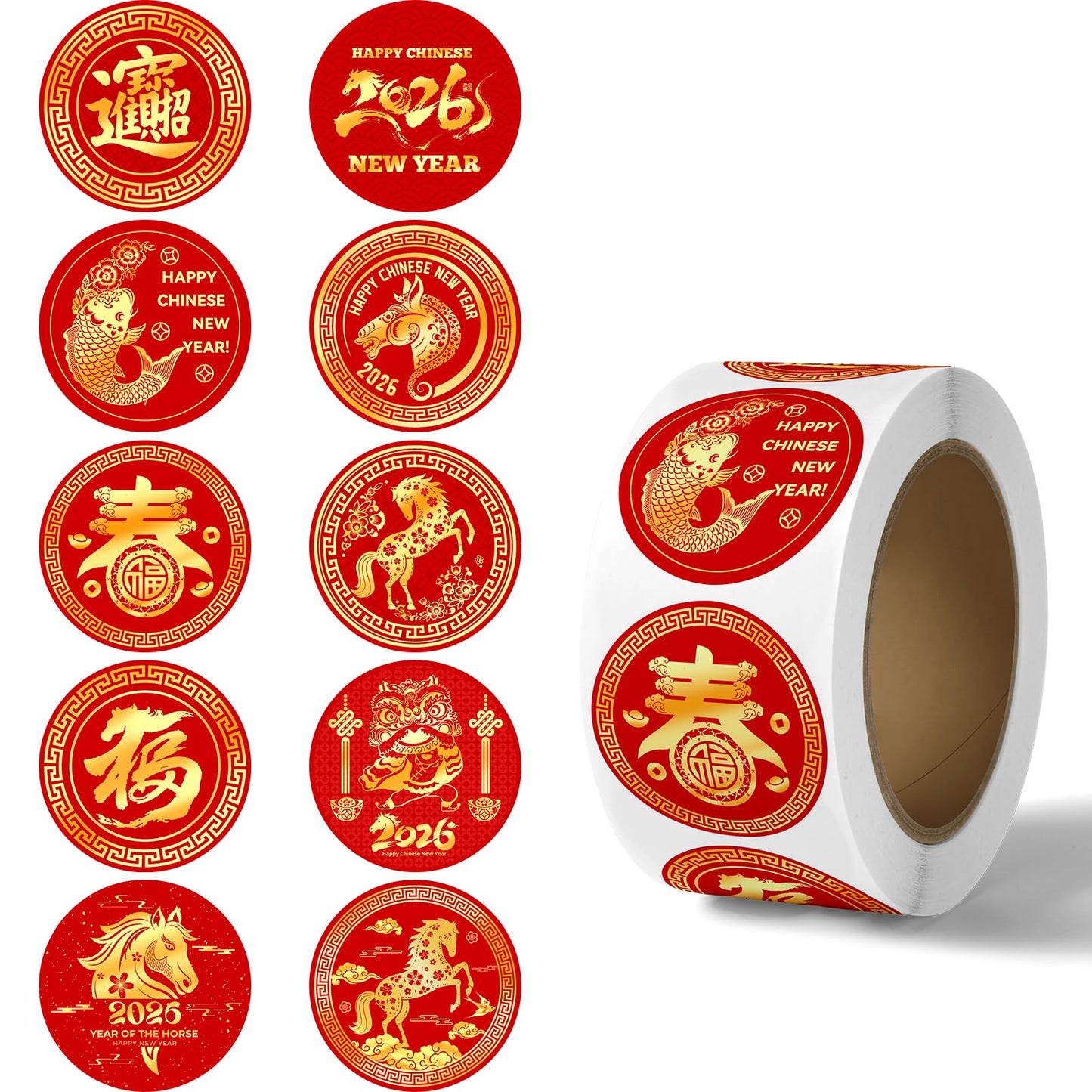 Suzkoqo Chinese New Year Stickers Roll 2026 — 500 Pcs Year of the Horse Labels
