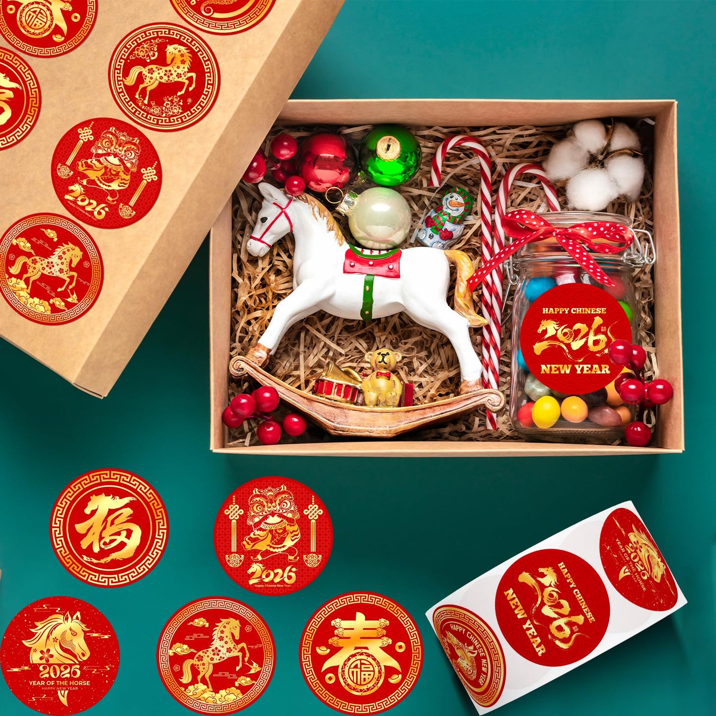 Suzkoqo Chinese New Year Stickers Roll 2026 — 500 Pcs Year of the Horse Labels