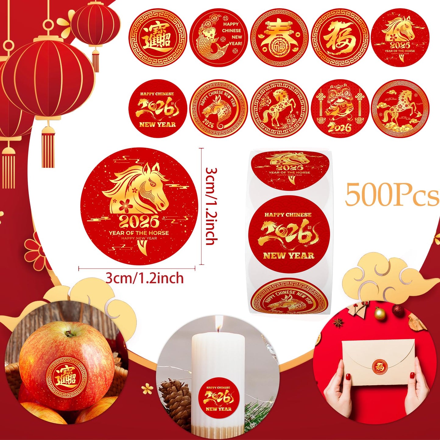Suzkoqo Chinese New Year Stickers Roll 2026 — 500 Pcs Year of the Horse Labels