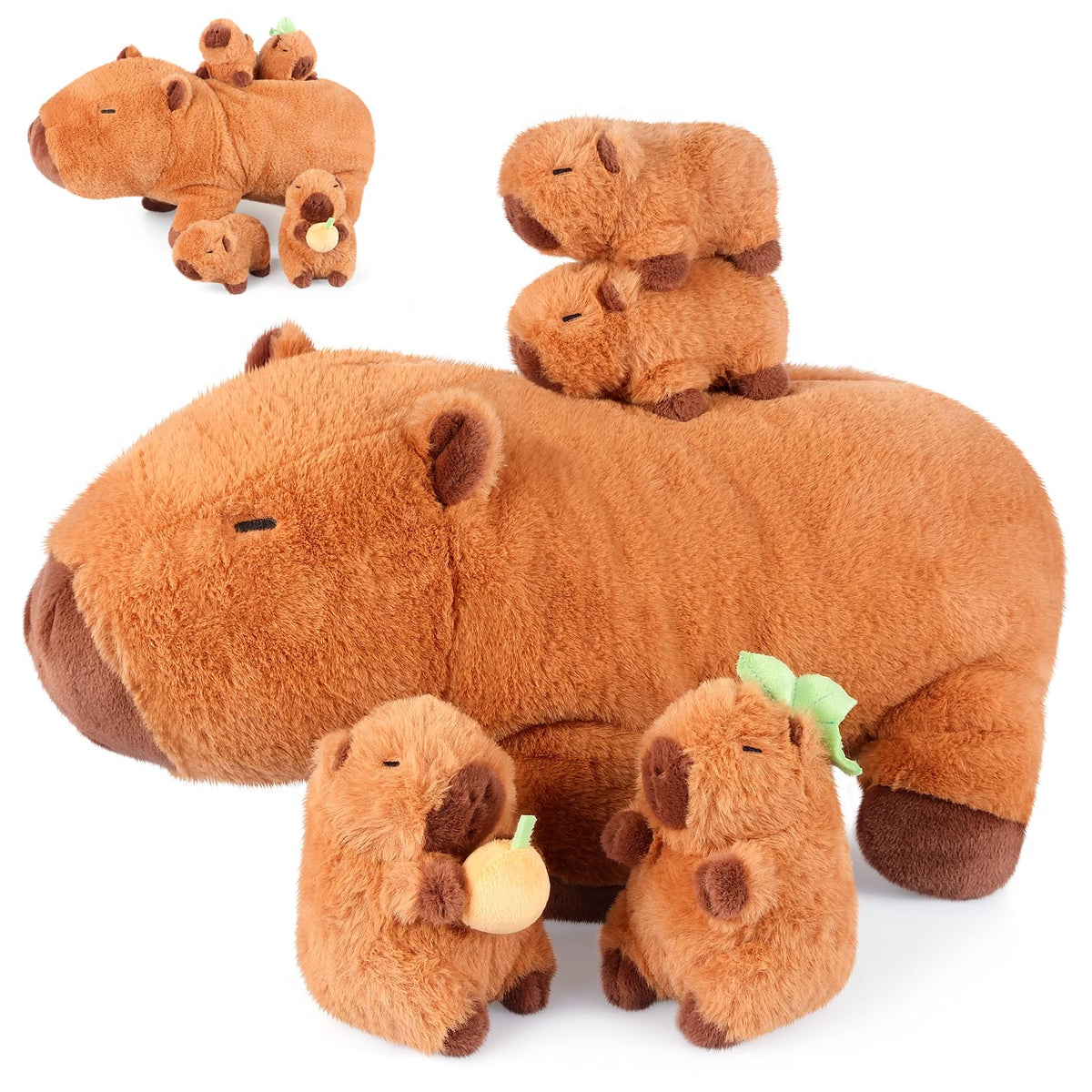 SuzziPals 5-in-1 Capybara Plush Set: Mommy & 4 Babies — Soft Stuffed Toys for Imaginative Play